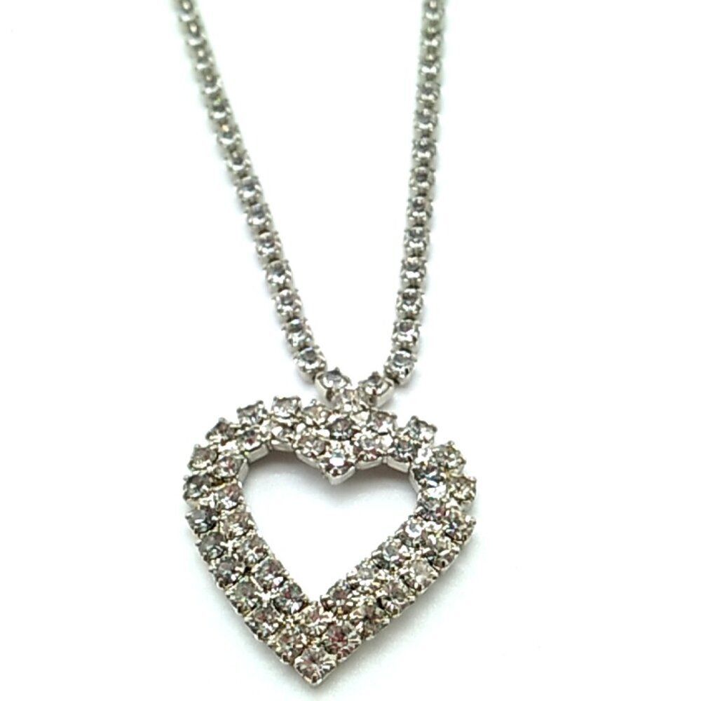 VTG Pronged Rhinestone Open Heart Pendant Necklace on Rhinestone Chain Silver-to